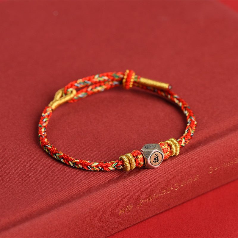 Buddha Stones 925 Sterling Silver Chinese Zodiac Natal Buddha Red Colorful Rope Luck Handcrafted Bracelet