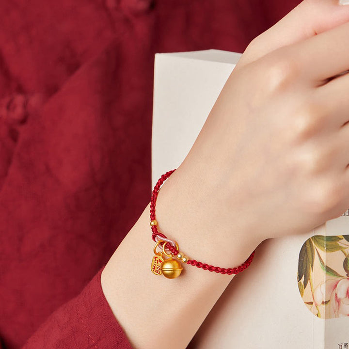 Buddha Stones Handmade Fu Character Charm Luck Happiness Bell Red Rope Bracelet