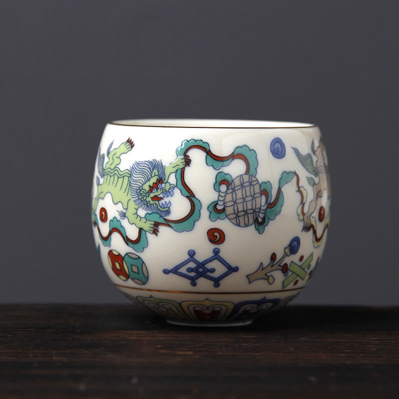 Buddha Stones Vintage Plum Blossom Pine Bamboo Phoenix Kirin Lion Dancing Ceramic Teacup Tea Cups