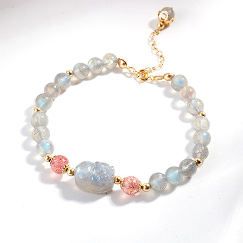 Buddha Stones Moonstone Strawberry Quartz PiXiu Healing Bracelet