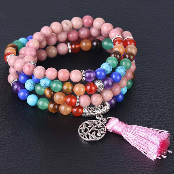 Buddha Stones 108 Mala Beads Rhodonite Blue Crystal Lazulite Healing Bracelet