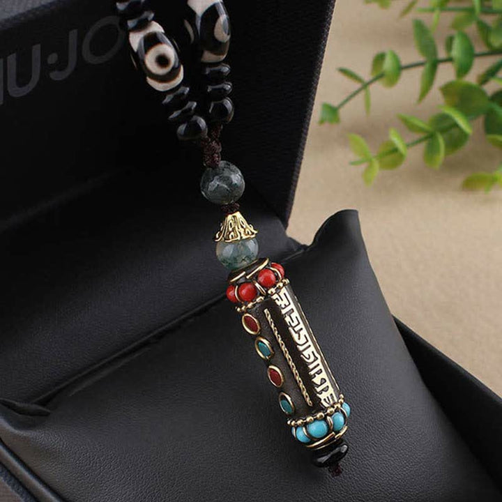 Buddha Stones Tibetan Om Mani Padme Hum Dzi Bead Wenge Wood Necklace Pendant