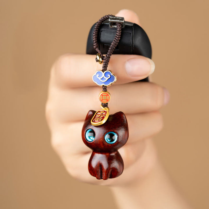 Buddha Stones Small Leaf Red Sandalwood Ebony Wood Lucky Cat Protection Key Chain Phone Hanging Decoration