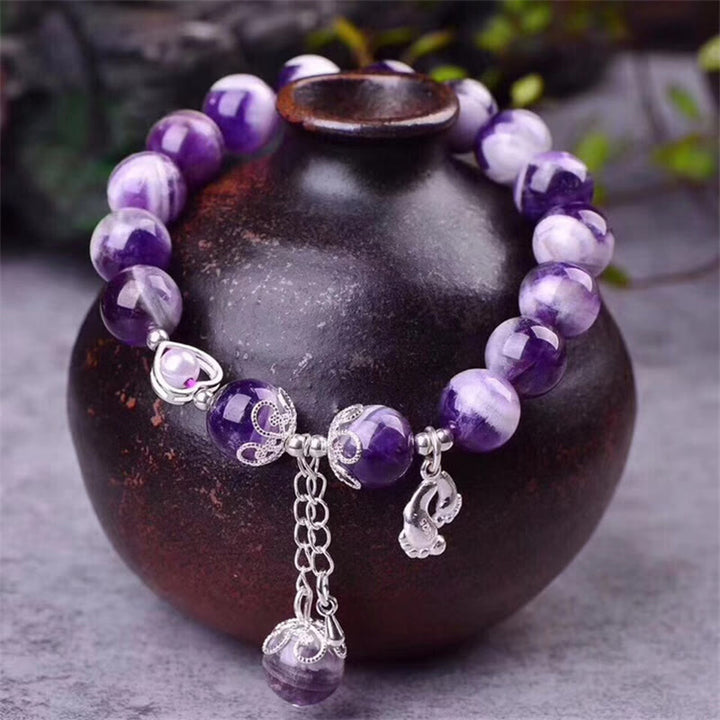 Buddha Stones 925 Sterling Silver Natural Amethyst Healing Feet Love Heart Charm Bracelet