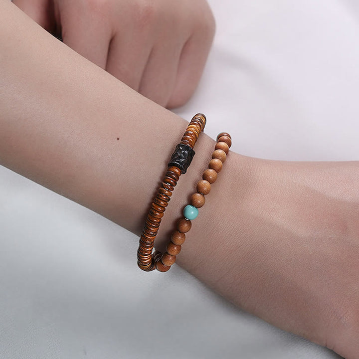 Buddha Stones Sandalwood Small Leaf Red Sandalwood Thuja Sutchuenensis Boxwood Turquoise Protection Double Wrap Bracelet