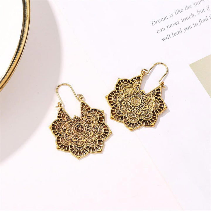 Buddha Stones Tibetan Lotus Engraving Copper Blessing Drop Earrings