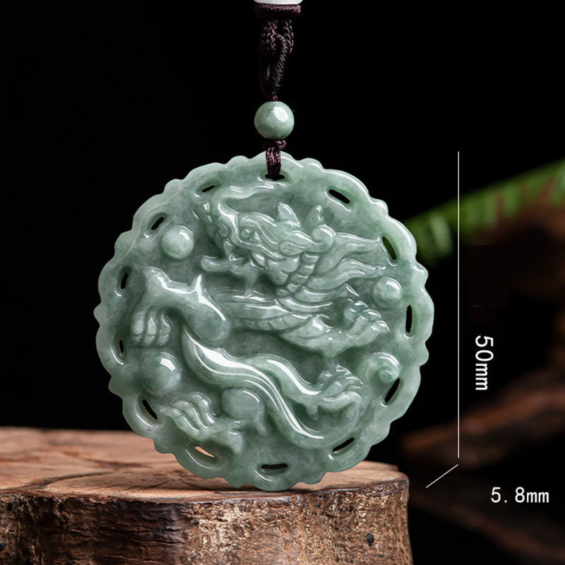 Buddha Stones Chinese Zodiac Dragon Phoenix Round Jade Luck Necklace String Pendant