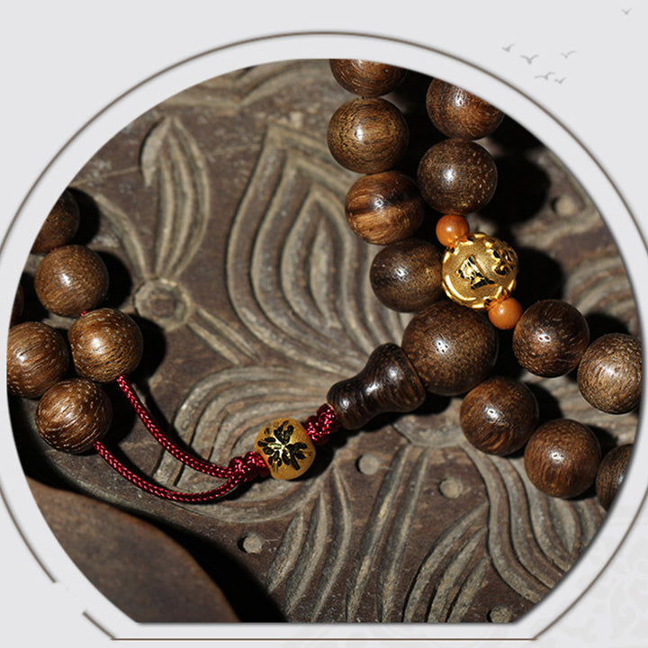 Buddha Stones 999 Gold 108 Mala Beads Kalimantan Agarwood Cyan Jade Six True Words Strength Bracelet