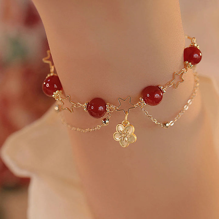 Buddha Stones 14k Gold Plated Red Agate Star Flower Charm Calm Bracelet