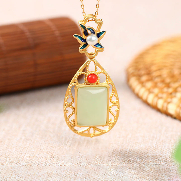 Vintage Flower Jade Plated Gold Prosperity Necklace Pendant