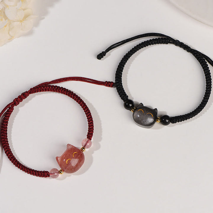 Buddha Stones Handmade Natural Silver Sheen Obsidian Strawberry Quartz Cute Cat Protection Braided Bracelet