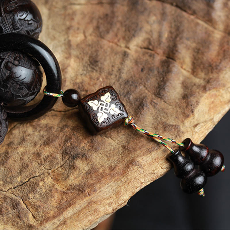 Buddha Stones Ebony Wood Chinese Character Yin Yang Engraved Gourd Balance Bracelet