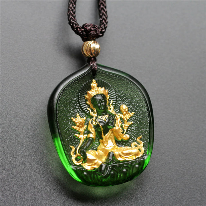 Buddha Stones Tibetan Green Tara Buddha Gold Plated Liuli Crystal Protection Necklace Pendant