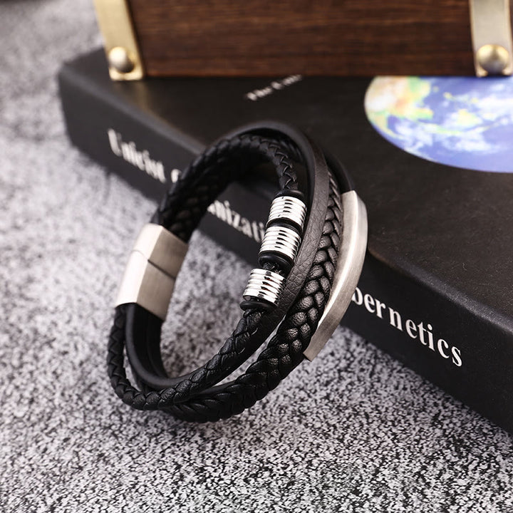 Buddha Stones Leather Multi-Layer Titanium Steel Balance Braided Magnetic Buckle Bracelet