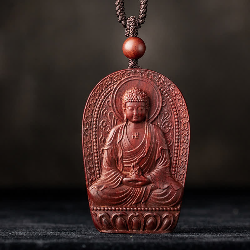 Chinese Zodiac Natal Buddha Small Leaf Red Sandalwood Lotus Protection Necklace Pendant