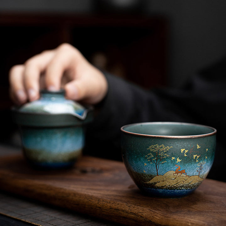 Buddha Stones Ceramic Teacup Deer Mountain Trees Lovely Cat Black Tea Cup With Lid and Bag