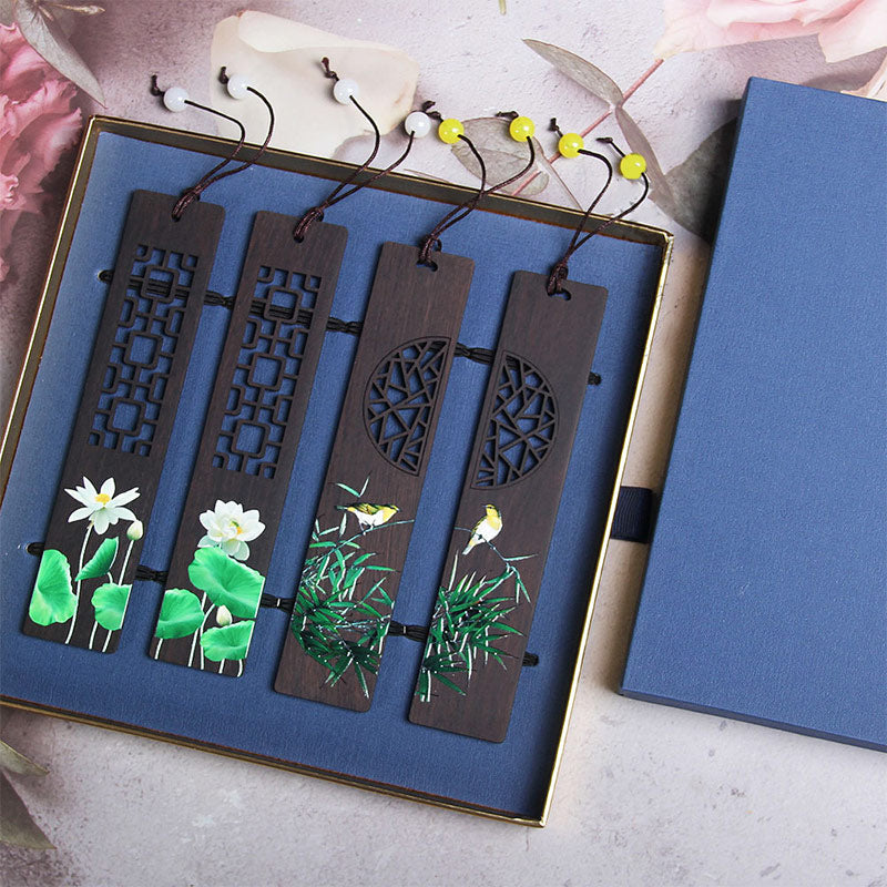 Buddha Stones Green Lotus Bamboo Oriole Ebony Wood Bookmarks With Gift Box