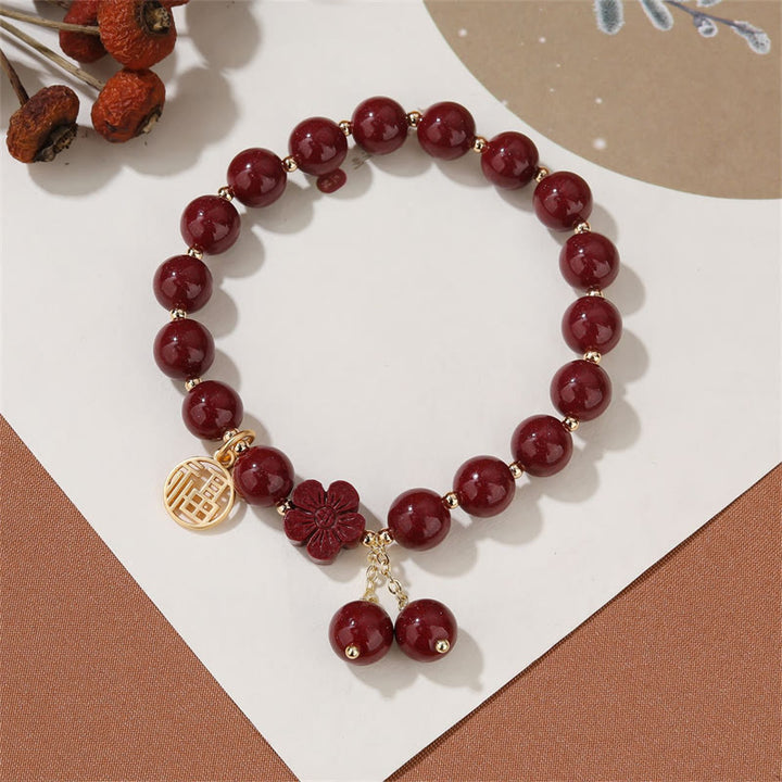 Buddha Stones Cinnabar Fu Character Cherry Blossom Blessing Bracelet