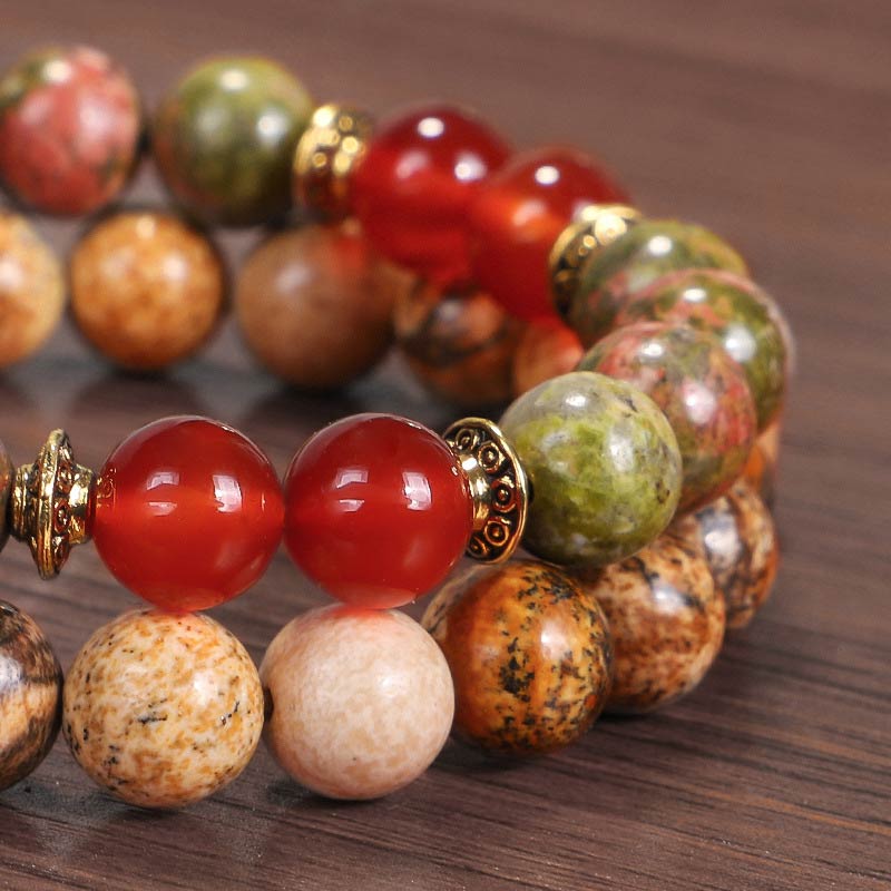 Buddha Stones Tibetan Picture Jasper Positive Lotus Bracelet Set