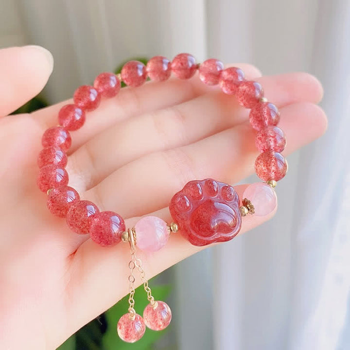 Buddha Stones Natural Strawberry Quartz Pink Crystal Lucky Cat Paw Love Bracelet