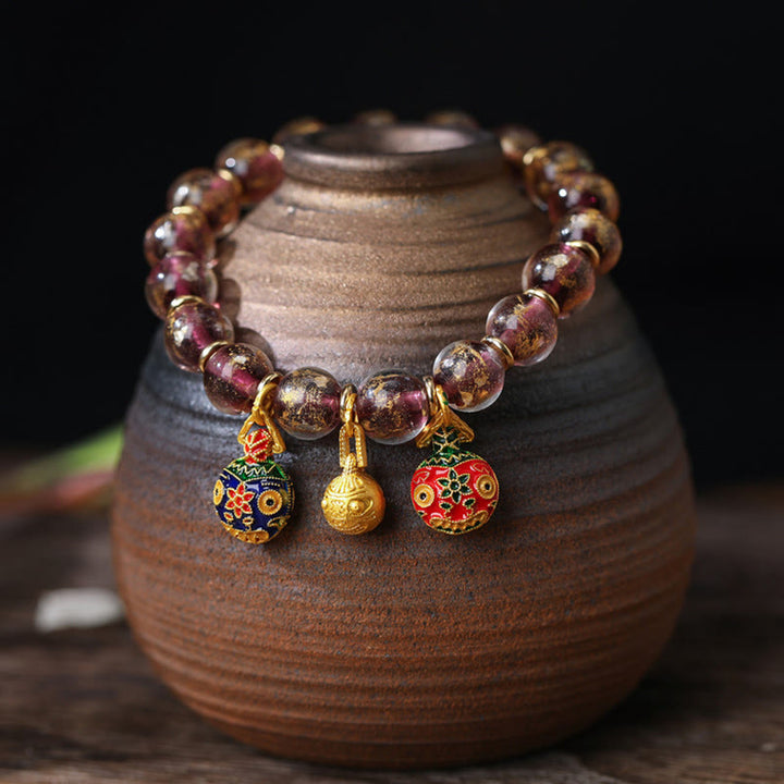 Buddha Stones Gold Swallowing Beast Family Charm Gold Silver Foil Liuli Glass Bead Blessings Bracelet