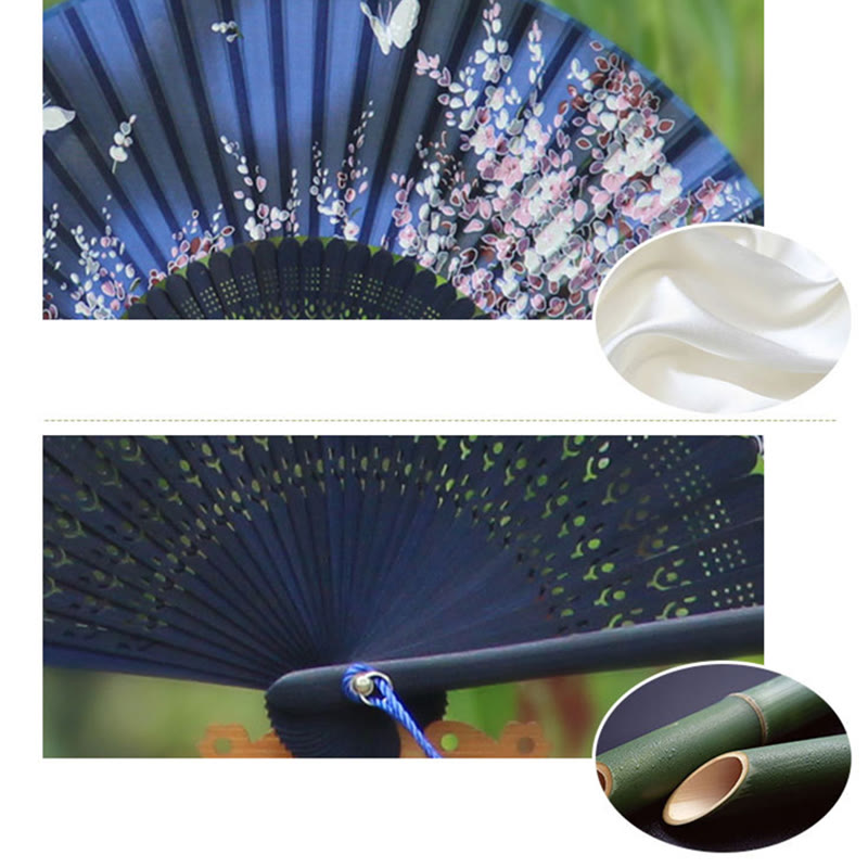 Buddha Stones Butterfly Flowers Handheld Bamboo Folding Fan