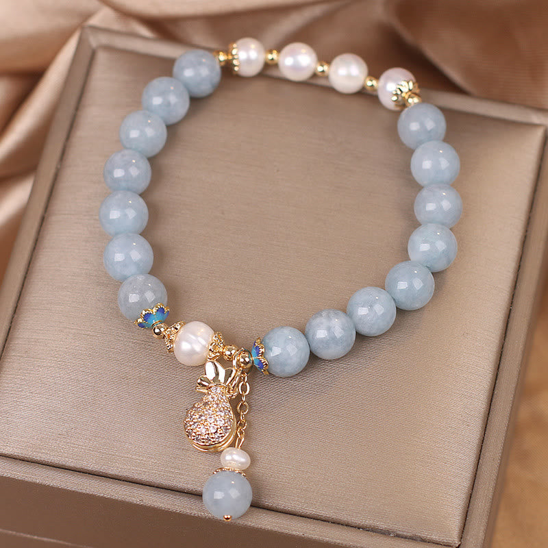 Buddha Stones Aquamarine Pearl Fortune Money Bag Charm Bracelet