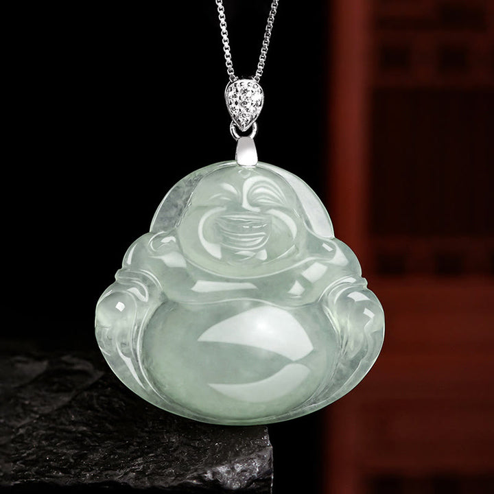 Buddha Stones 925 Sterling Silver Natural Jade Laughing Buddha Prosperity Abundance Chain Necklace Pendant