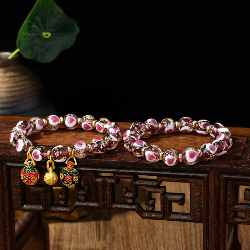 Buddha Stones Gold Swallowing Beast Family Pink Love Heart Luminous Fluorescent Liuli Glass Bead Bracelet