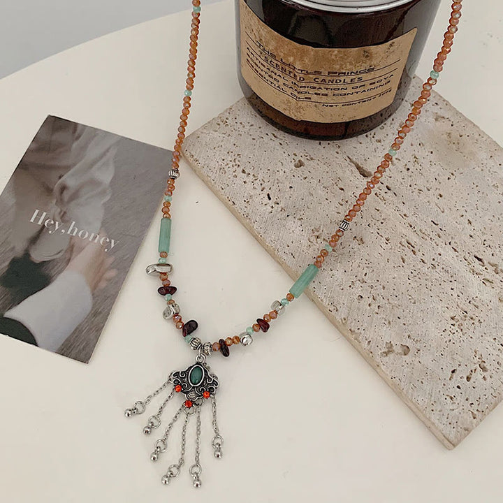 Buddha Stones Tibetan Crystal Stone Copper Luck Tassel Necklace Pendant