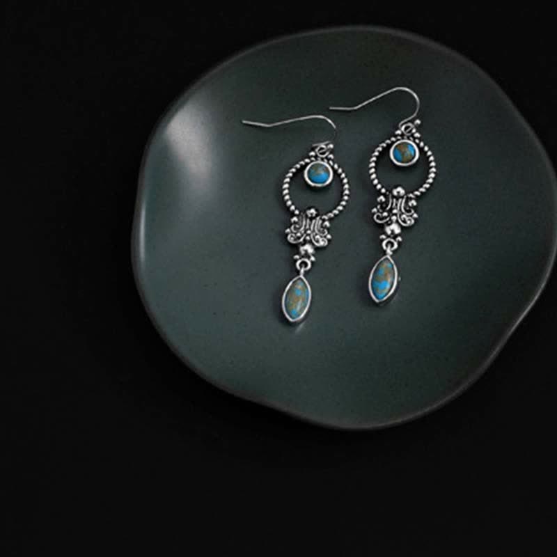 925 Sterling Silver Vintage Turquoise Waterdrop Pattern Balance Drop Dangle Earrings