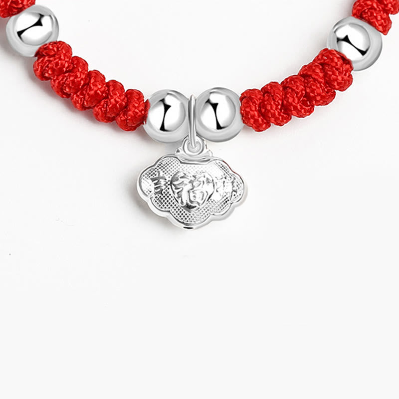 Buddha Stones 925 Sterling Silver Handmade Fu Character Lucky Money Bag Chinese Lock Charm Bell Lotus Copper Coin King Kong Knot Braided Kids Bracelet