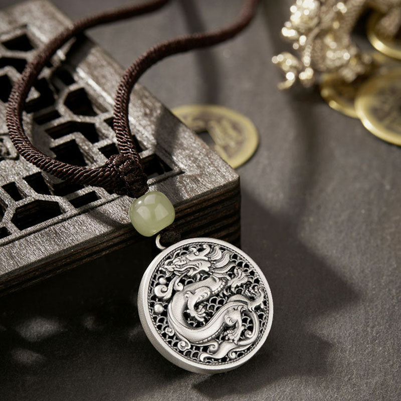 Buddha Stones 999 Sterling Silver Year of the Dragon Fu Character Hetian Jade Success Necklace Pendant