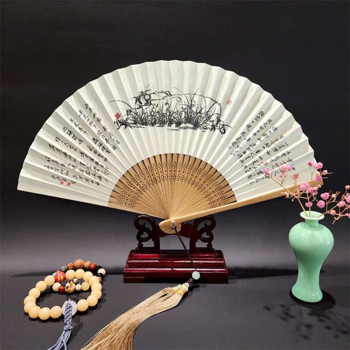 Buddha Stones A Panorama Of Rivers And Mountains Cranes Orchid Flower Paper Bamboo Handheld Silk Bamboo Folding Fan 22cm