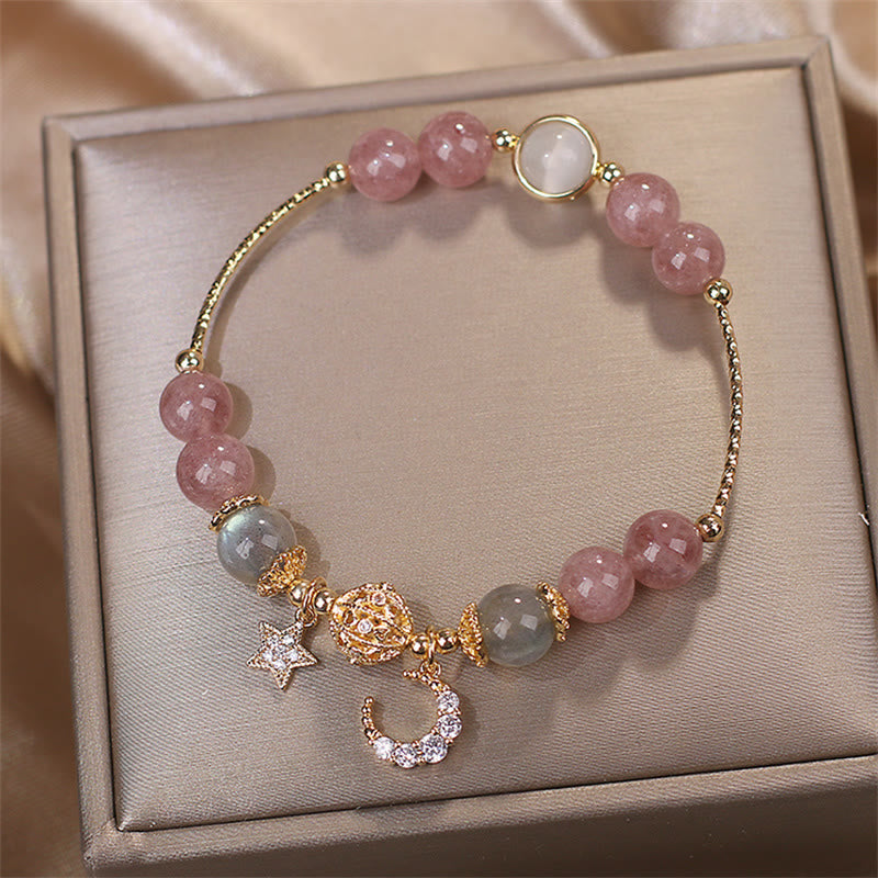 Buddha Stones Strawberry Quartz Moonstone Moon Star Love Bracelet