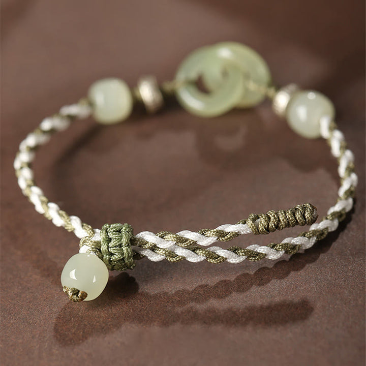 Buddha Stones Natural Hetian Jade Peace Buckle Luck Braided Bracelet