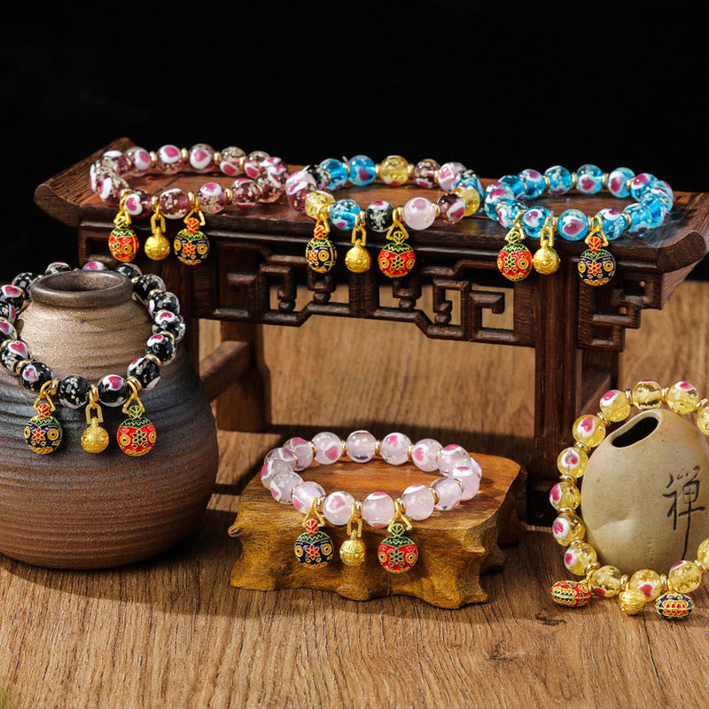 Buddha Stones Gold Swallowing Beast Family Pink Love Heart Luminous Fluorescent Liuli Glass Bead Bracelet