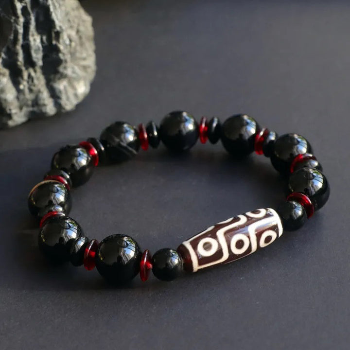 Buddha Stones Black Onyx Nine-Eye Dzi Bead Wealth Protection Bracelet