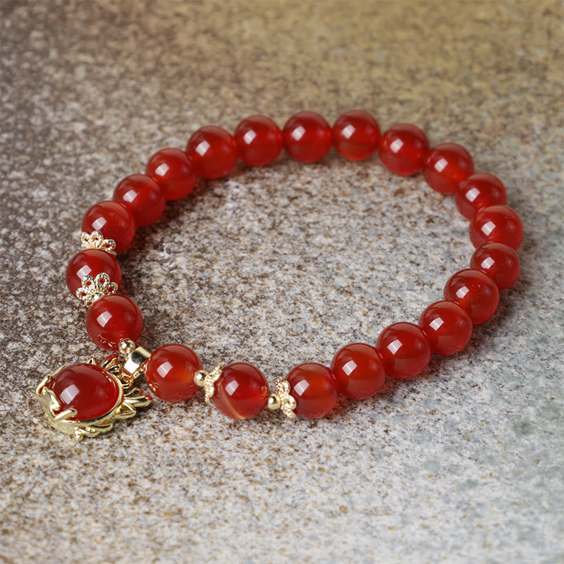 Buddha Stones Year of the Dragon Red Agate Jade Peace Buckle Fu Character Success Bracelet