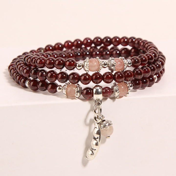 Buddha Stones Natural Garnet Strawberry Quartz Green Beans PiXiu Protection Triple Wrap Bracelet