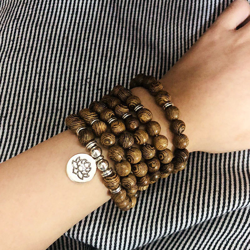 Buddha Stones Tibetan Lightning Strike Wood Bracelet Lotus Buddha Mala