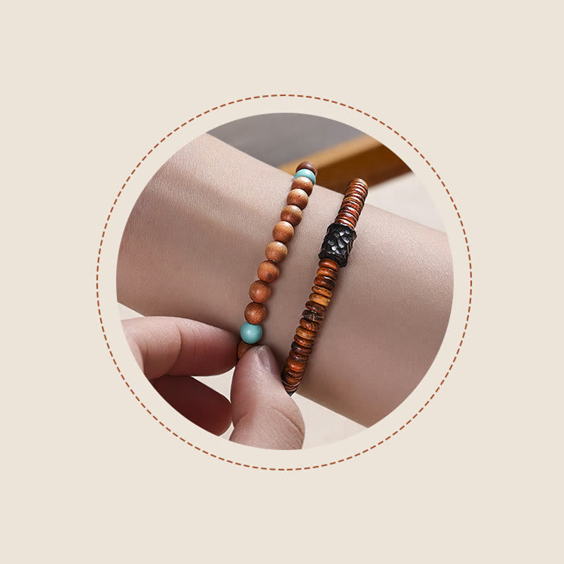 Buddha Stones Sandalwood Small Leaf Red Sandalwood Thuja Sutchuenensis Boxwood Turquoise Protection Double Wrap Bracelet