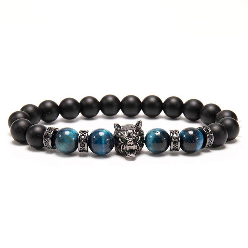 Buddha Stones Natural Tiger Eye Lazurite Wolf Head Bead Protection Bracelet