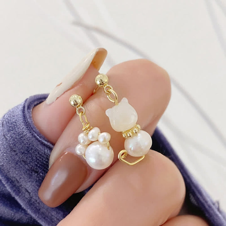 Buddha Stones Cute Cat Paw Pearl Wisdom Stud Drop Earrings