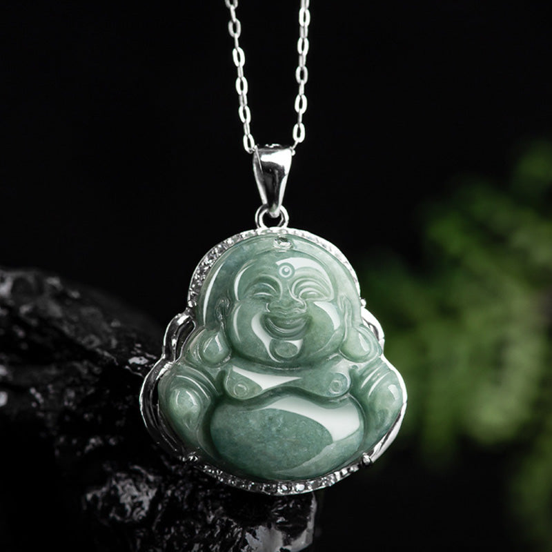 Buddha Stones 925 Sterling Silver Laughing Buddha Jade Abundance Necklace Chain Pendant