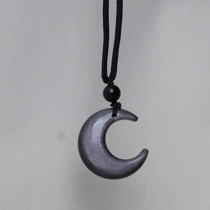 Buddha Stones Natural Silver Sheen Obsidian Star Crescent Moon Protection Necklace Pendant