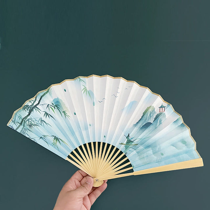 Buddha Stones Retro Lotus Flower Leaf Mountain Lake Handheld Folding Fan With Bamboo Frames