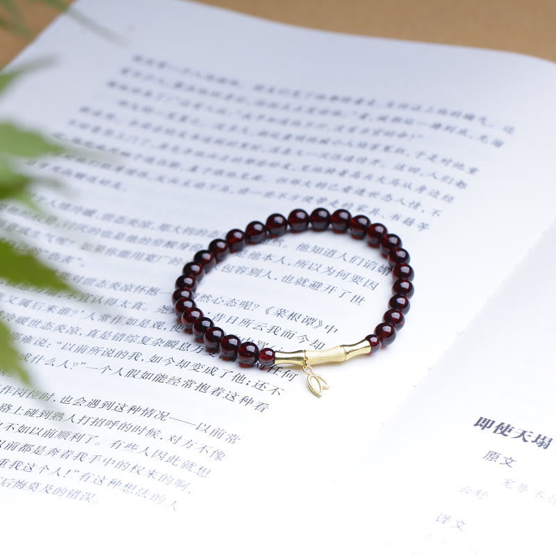 Buddha Stones 14K Copper Plated Gold 925 Sterling Silver Plated Gold Natural Garnet Bamboo Protection Bracelet