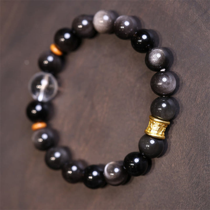 Buddha Stones Natural Silver Sheen Obsidian Crystal Om Mani Padme Hum Bead Protection Bracelet