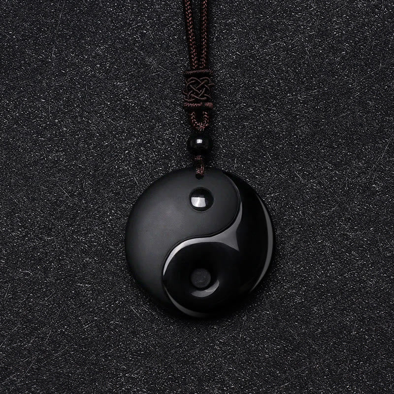 Buddha Stones Black Obsidian Taoism Five Sacred Mountains Nine-Character Mantra Carved Purification Yin Yang Necklace Pendant